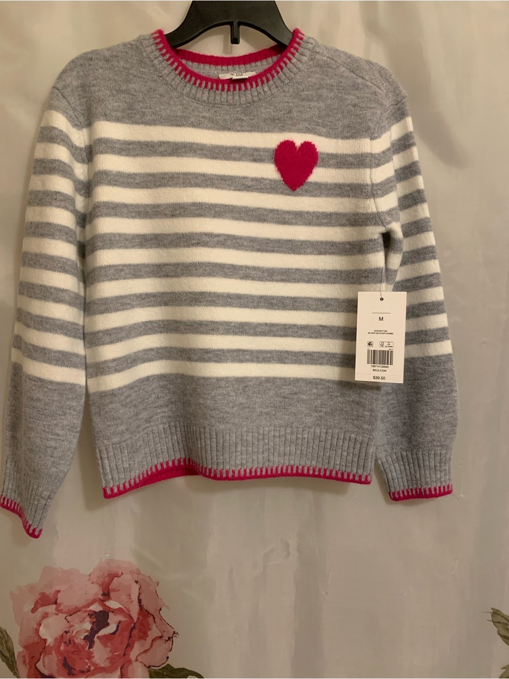 crown & ivy Gray and White Striped Sweater with Pink Heart